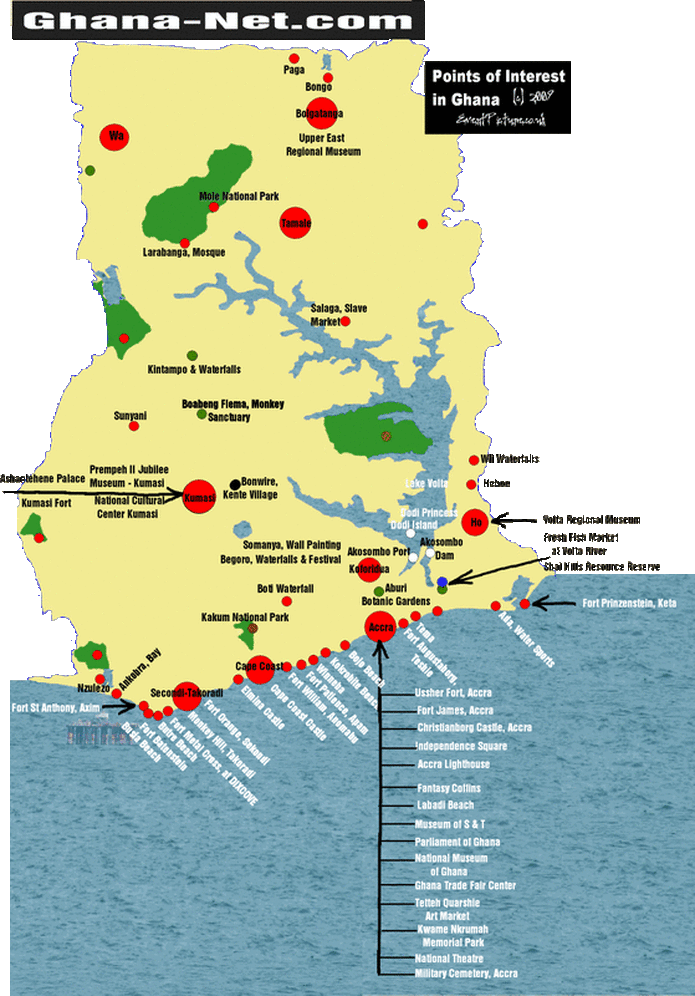 Ghana Map, Tourisn Attractions, Points of Interest, Ghana Tourism, Touring Ghana, Tourist Map, West Africa