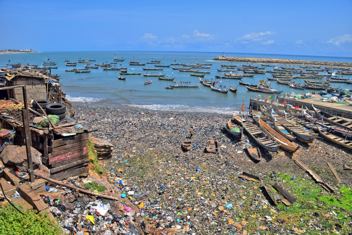 View from Fort Visao straight down onto the fishing canoes in Jamestown harbour, Accra