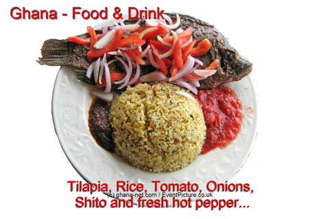 Tilapia, Rice, Ghana Food, What food in Ghana, Hot Pepper
